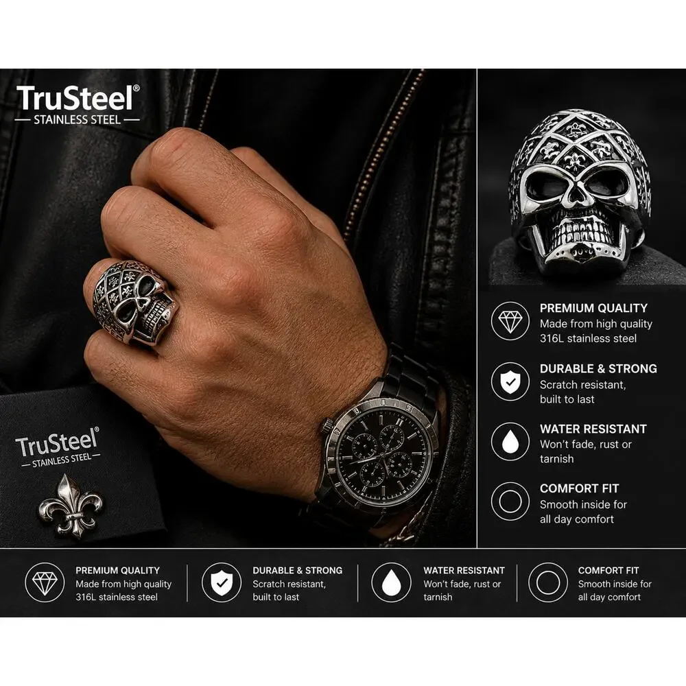 Men’s 316L Stainless Steel hypoallergenic gothic biker skull Ring Size 15
